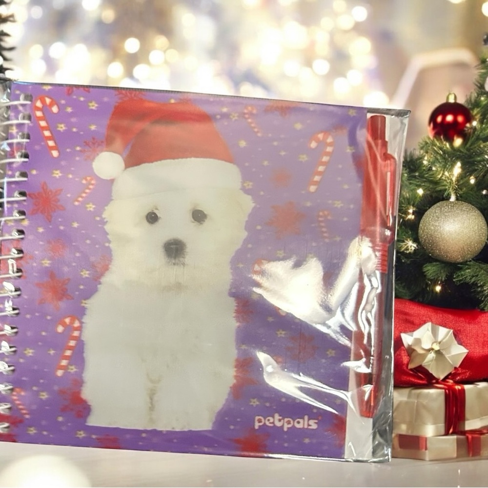 Holiday White Puppy Santa Presents Petpals Notebook & Pen SetChristmas